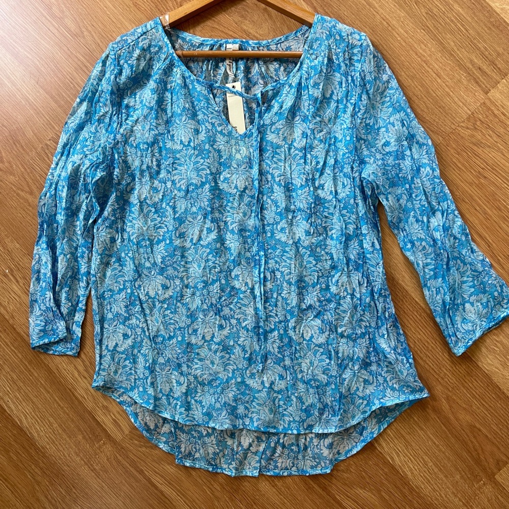 Grand & Greene Blue Boho Peasant Blouse Top Floral Tie Neck Top Medium NEW